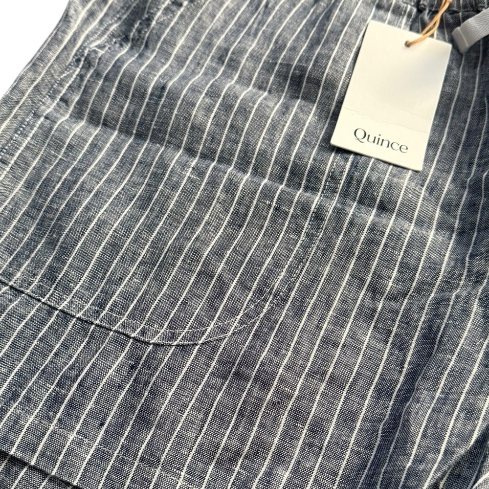Quince Women 100% European Linen Shorts Blue Pinstripes Tie Waist - Picture 6 of 10